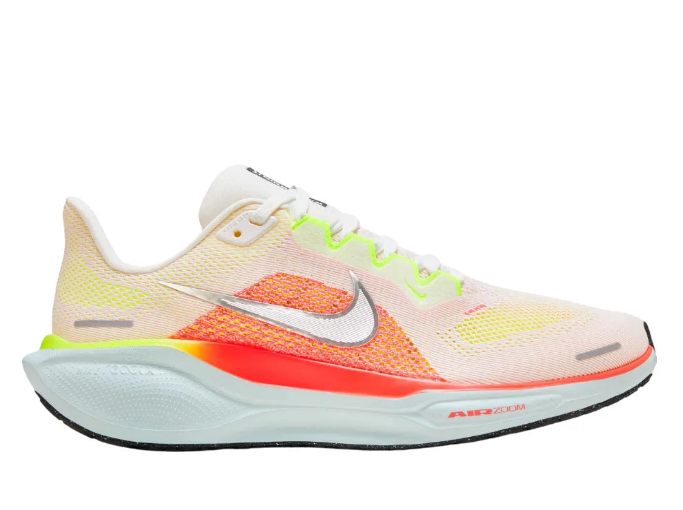 Side view on white background of Womens Nike Pegasus 41 running shoe in Summit White/Chrome-Bright Crimson, Medium (Regular) width