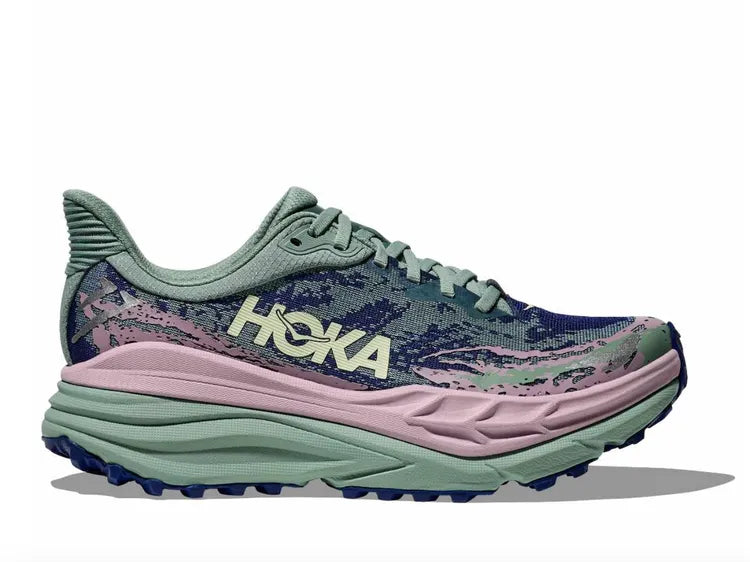 Side view on white background of Womens Hoka Stinson 7 running shoe in Rosemary/Fragrant Lilac, Medium (Regular) width