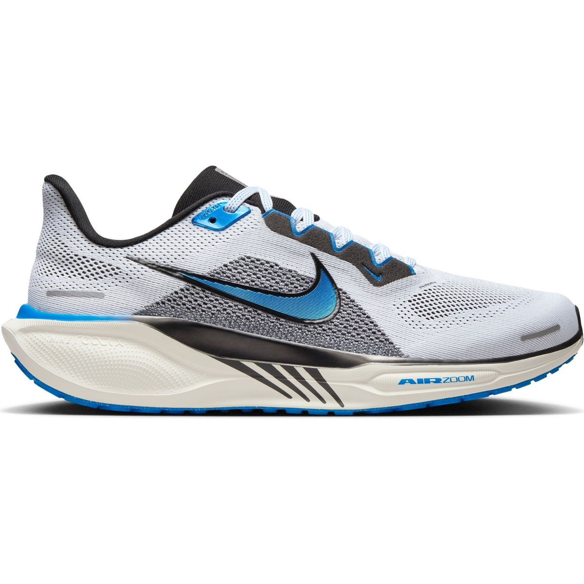 Side view on white background of Mens Nike Pegasus 41 running shoe in White/Photo Blue/Black/Sail, Medium (Regular) width