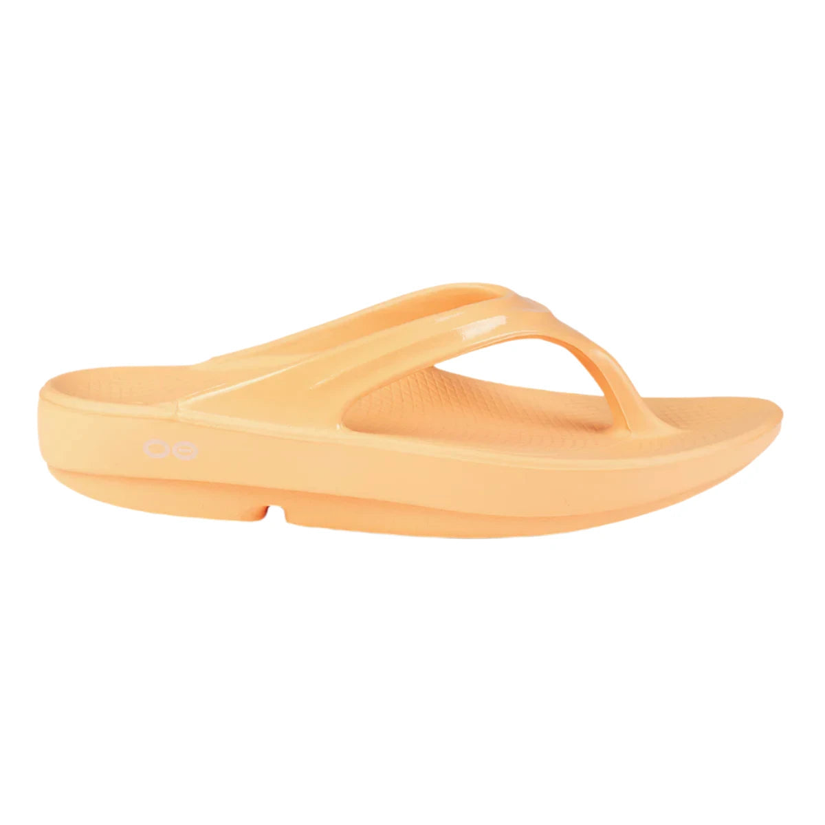 Side view on white background of Womens OOFOS Oolala Sandal running shoe in Glow, Medium (Regular) width