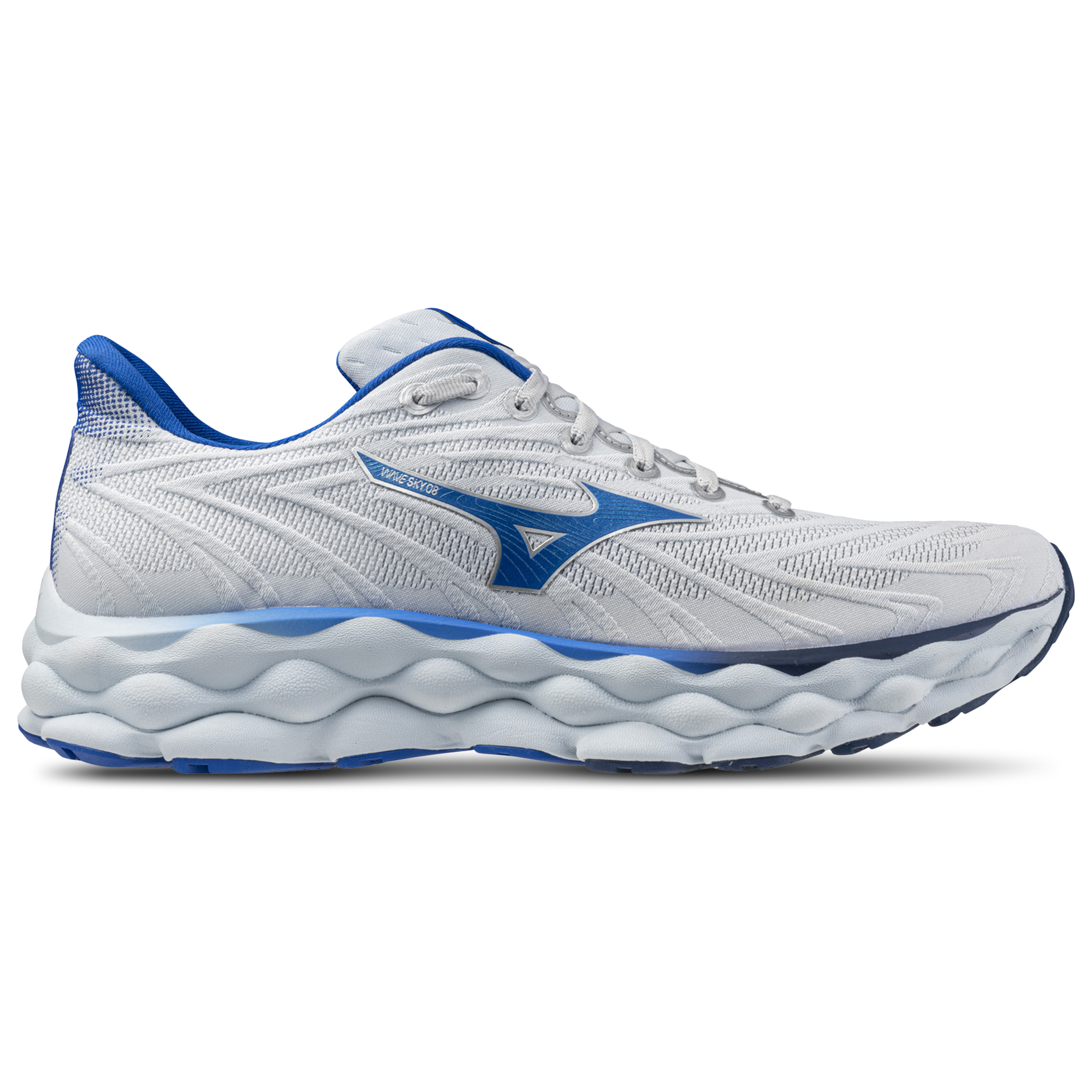 Side view on white background of Mens Mizuno Wave Sky 8 running shoe in Plein Air/Laser Blue, Medium (Regular) width