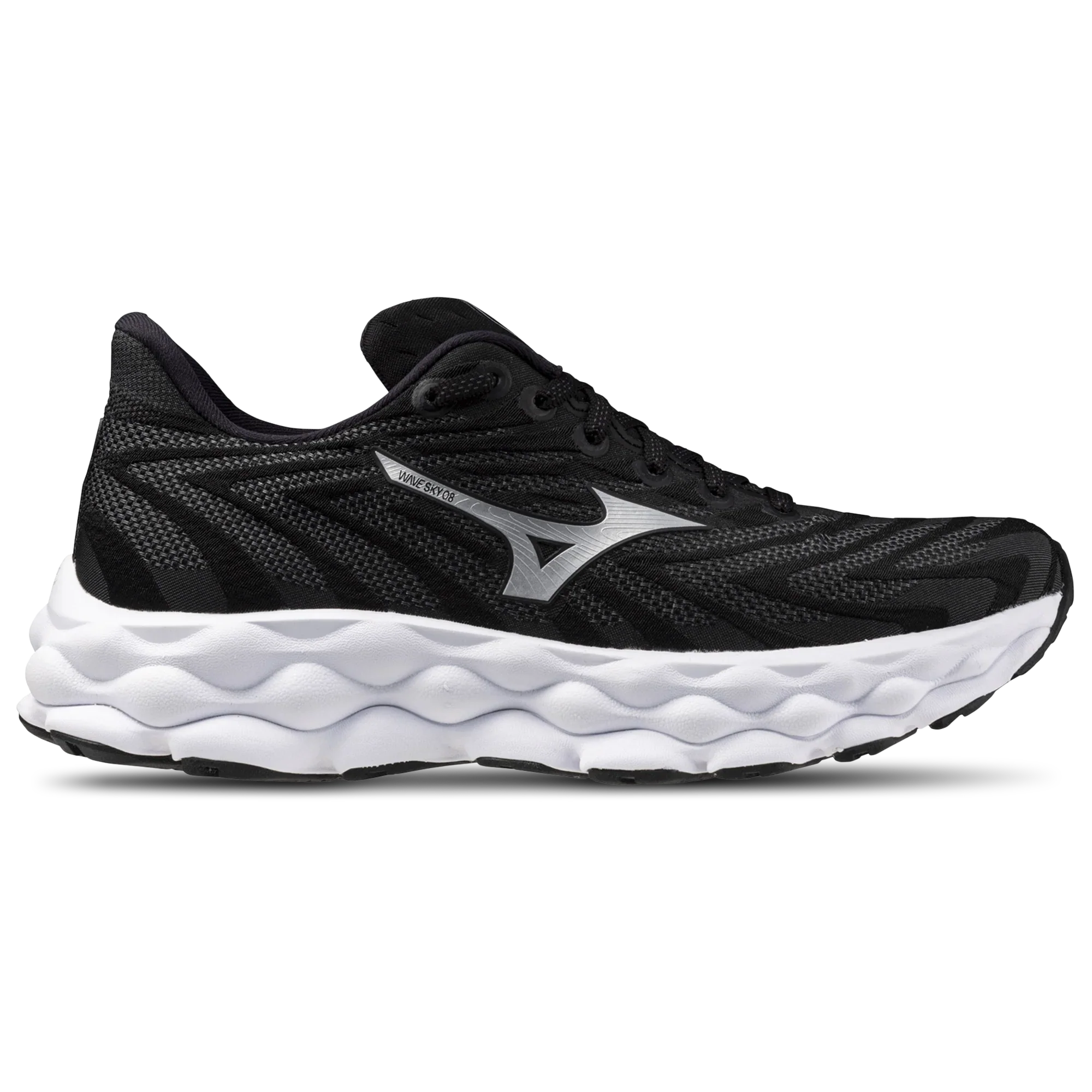 Side view on white background of Womens Mizuno Wave Sky 8 running shoe in Black/Silver, Medium (Regular) width
