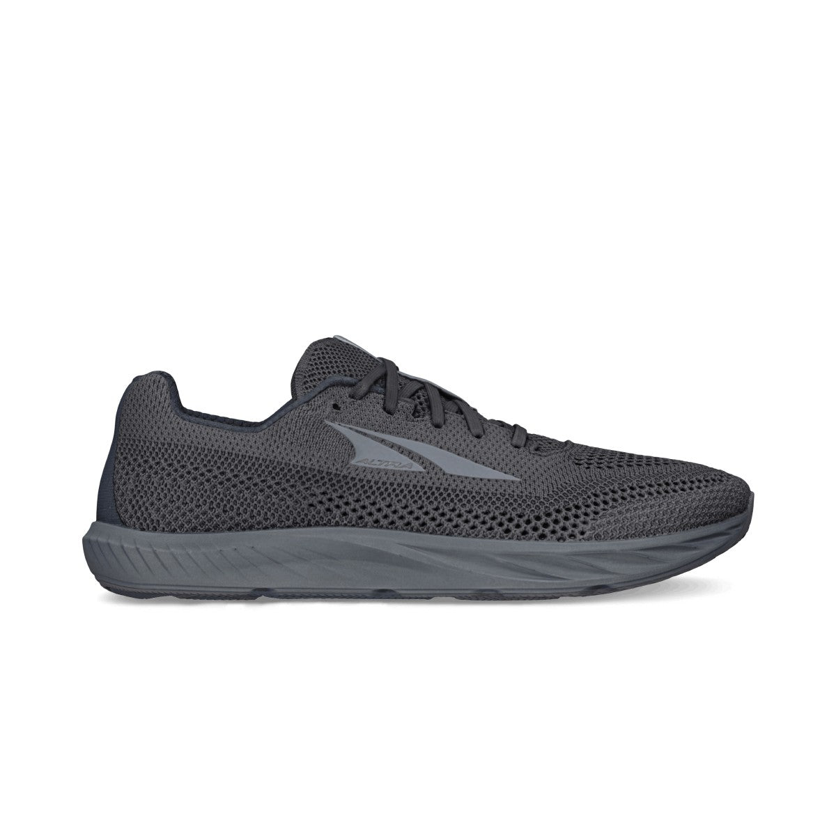 Side view on white background of Mens Altra Escalante Racer 2 running shoe in Black/Black, Medium (Regular) width