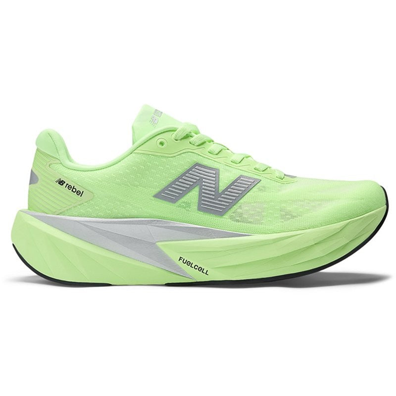 Side view on white background of Womens New Balance FuelCell Rebel v5 running shoe in Lab Green/Silver Metallic/White, Medium (Regular) width