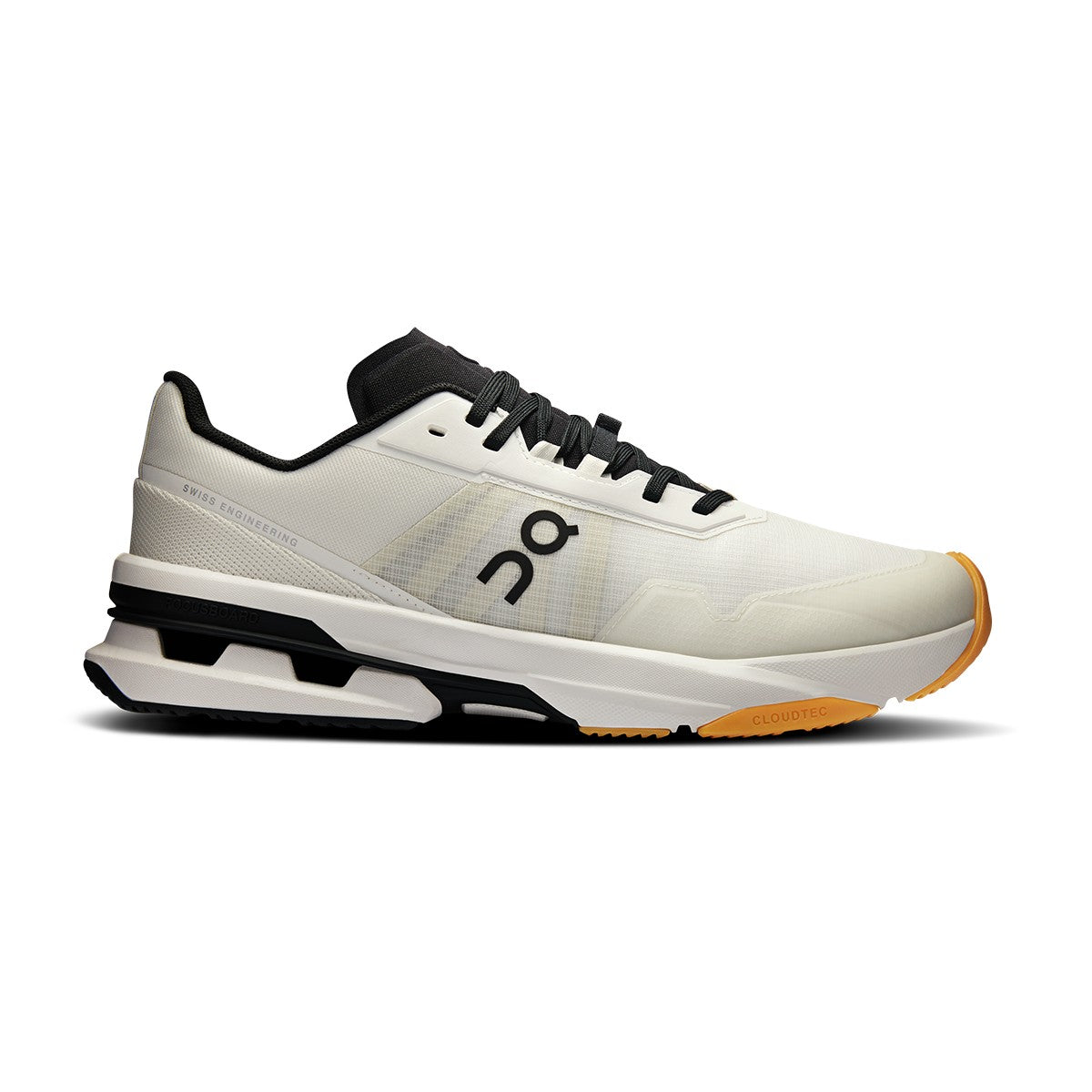 Side view on white background of Mens On Cloudpulse Pro running shoe in White/Black, Medium (Regular) width