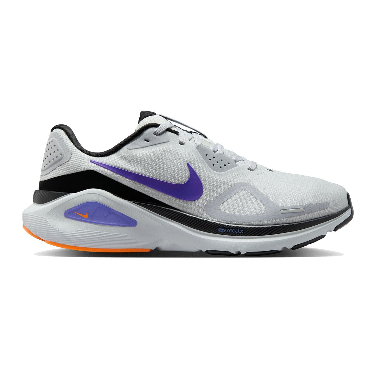 Side view on white background of Mens Nike Structure 26 running shoe in Pure Platinum/Persian Violet/Wolf Grey/Total Orange/Black, Medium (Regular) width