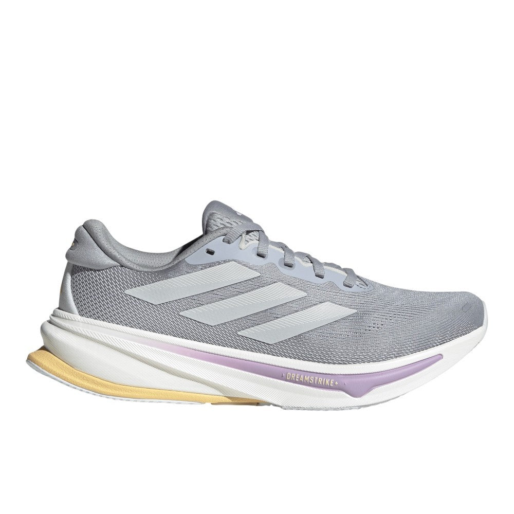 Side view on white background of Womens Adidas Supernova Rise 2 running shoe in Halo Silver/Dash Grey/Powder Plum, Medium (Regular) width