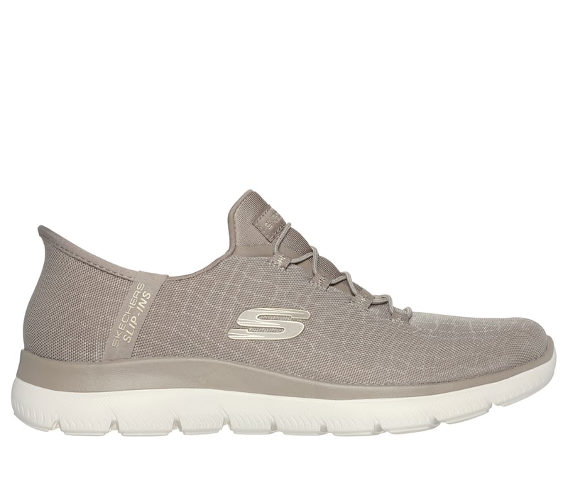 Side view on white background of Womens Skechers Slip-ins: Summits - Classy Night running shoe in Taupe/Gold, Wide width