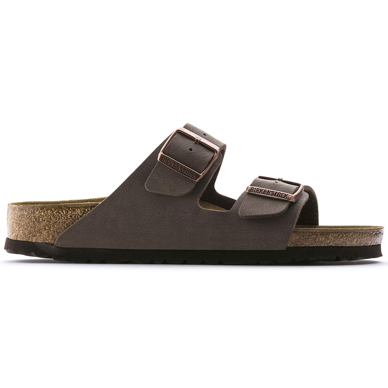 Side view on white background of Mens Birkenstock Arizona running shoe in Mocha, Medium (Regular) width