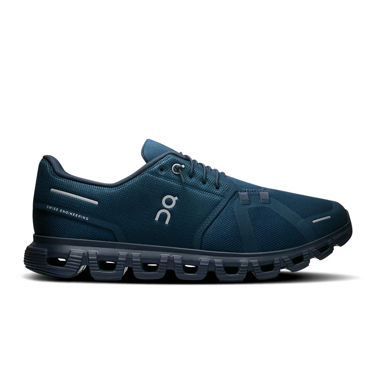 Side view on white background of Mens On Cloud 6 running shoe in Midnight/Ink, Medium (Regular) width