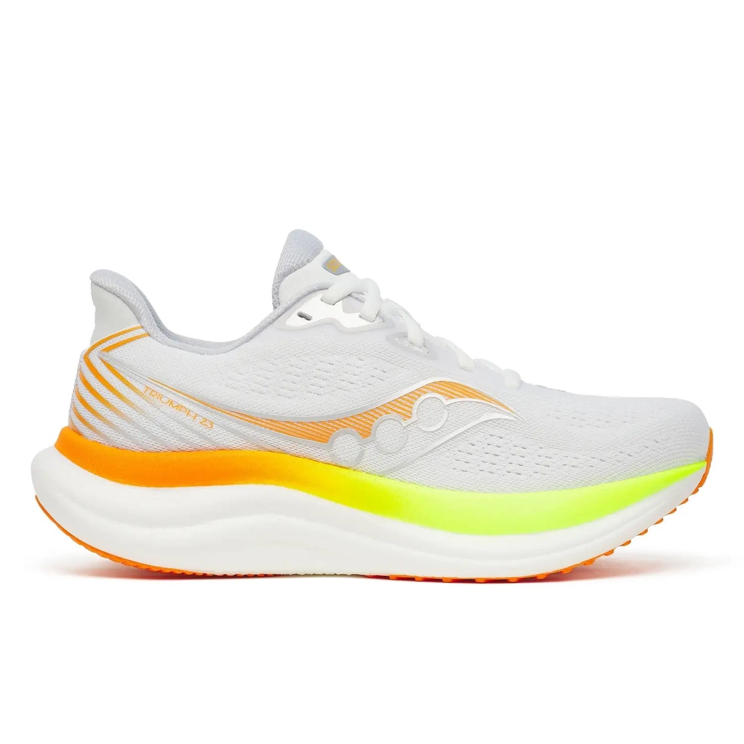 Side view on white background of Womens Saucony Triumph 23 running shoe in White/Citron, Medium (Regular) width