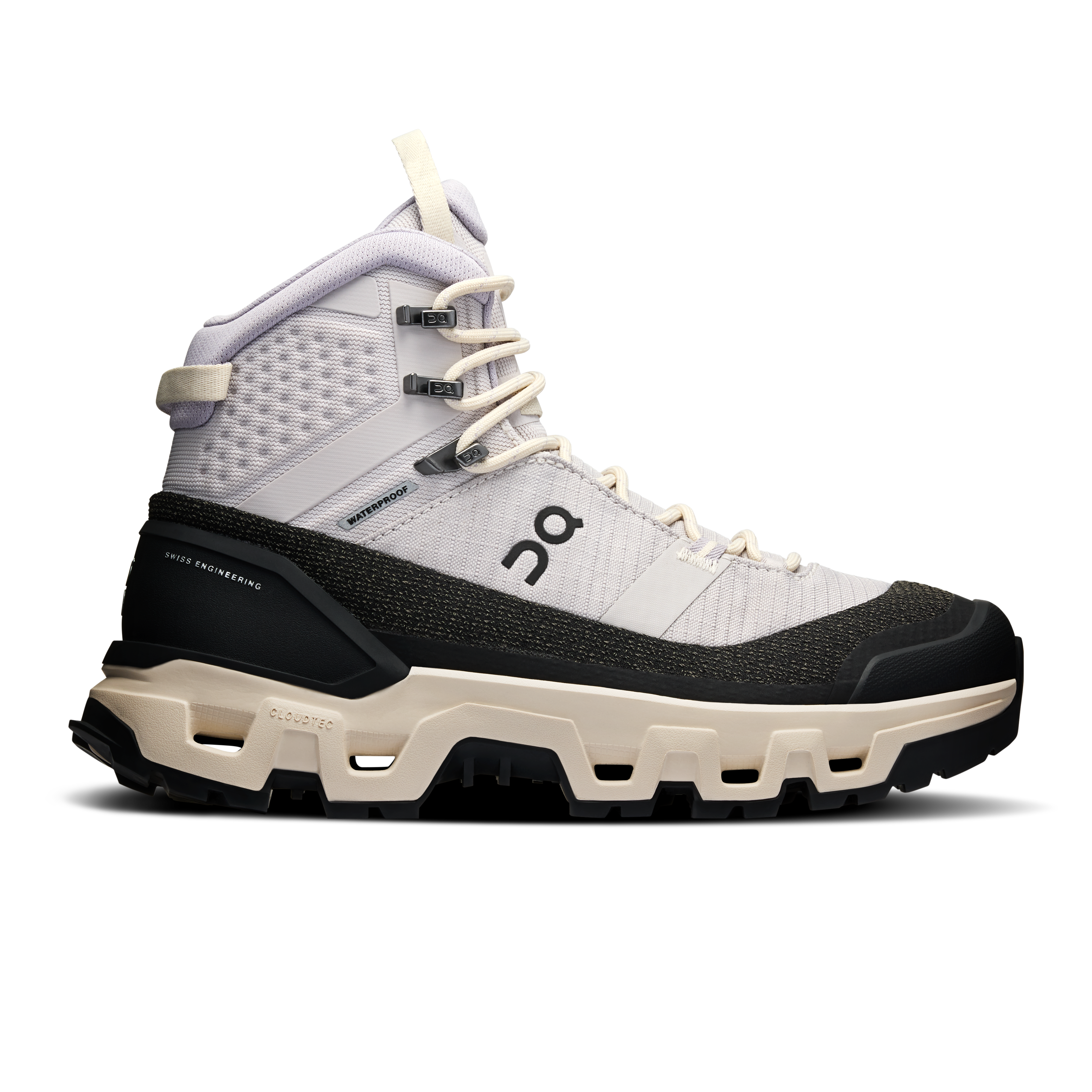 Side view on white background of Womens On Cloudrock Trek WP running shoe in Silver/Cream, Medium (Regular) width