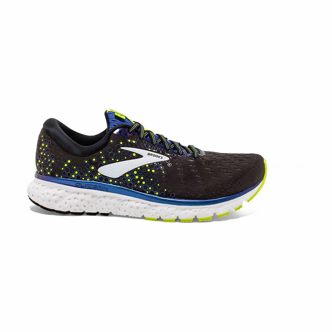 Side view on white background of Mens Brooks Glycerin 17 running shoe in Black/Blue/Nightlife, Medium (Regular) width