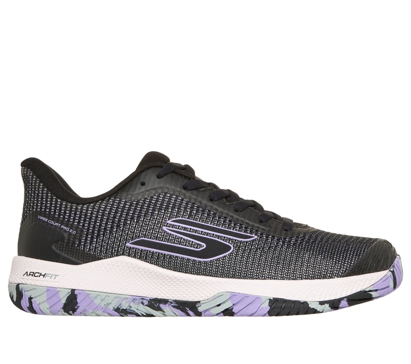 Side view on white background of Womens Skechers Viper Court 2.0 running shoe in Black/Lavender, Medium (Regular) width