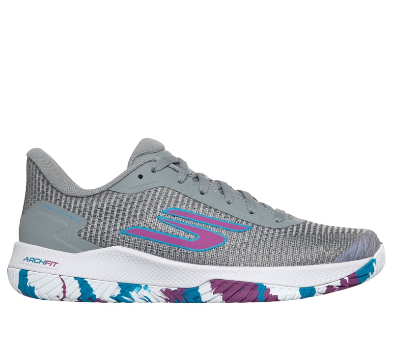 Side view on white background of Womens Skechers Viper Court Pro 2.0 running shoe in Gray, Medium (Regular) width