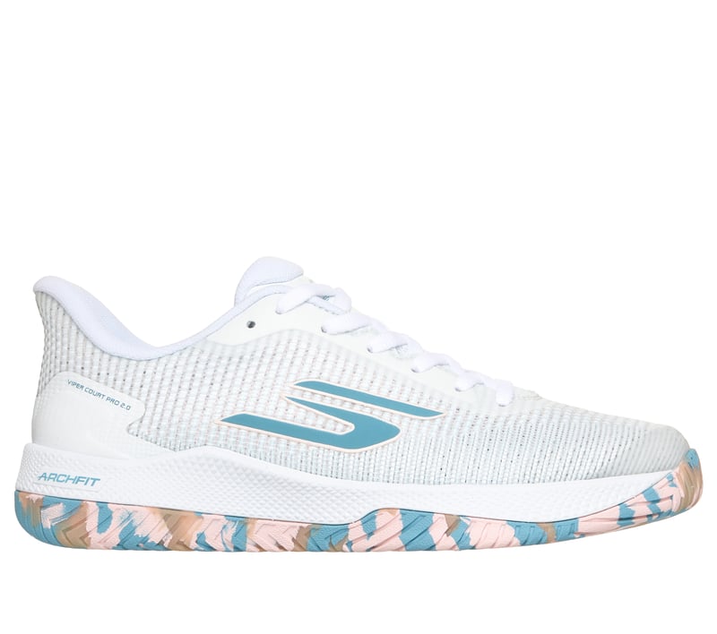 Side view on white background of Womens Skechers Viper Court Pro 2.0 running shoe in White/Blue/Light Pink, Medium (Regular) width
