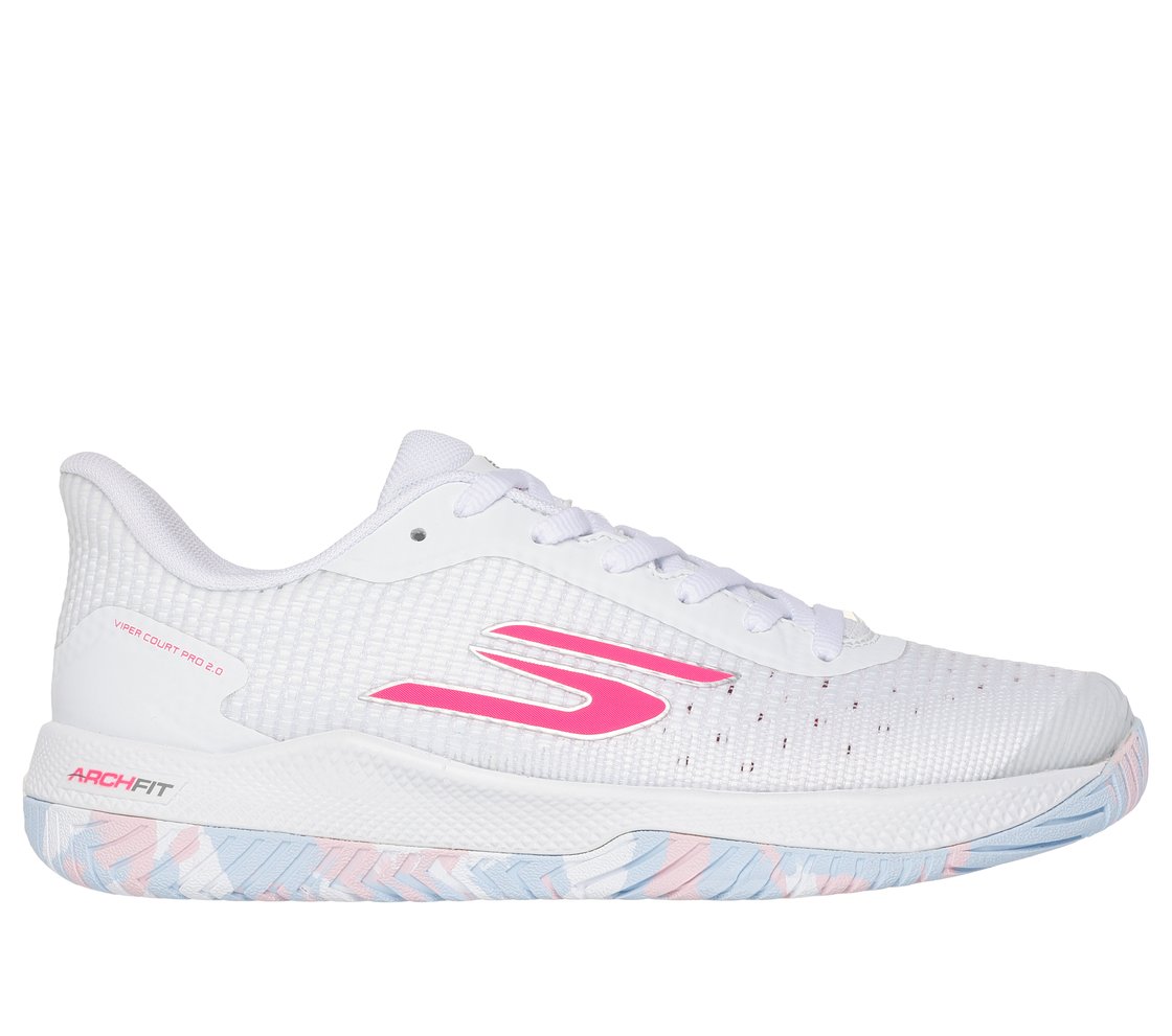 Side view on white background of Womens Skechers Viper Court 2.0 running shoe in White/Multi, Medium (Regular) width