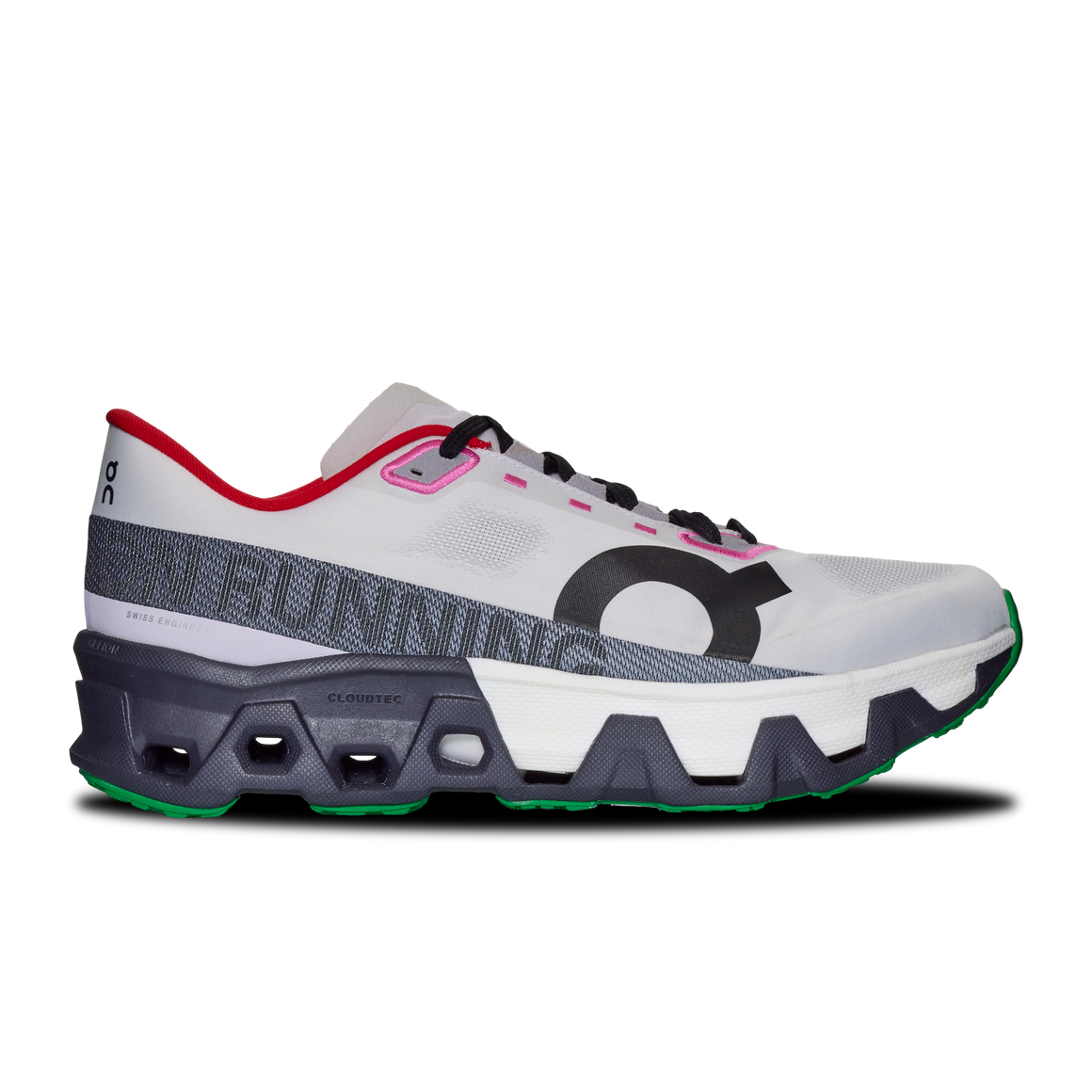 Side view on white background of Mens On Cloudmonster Hyper running shoe in Silver/Iron, Medium (Regular) width