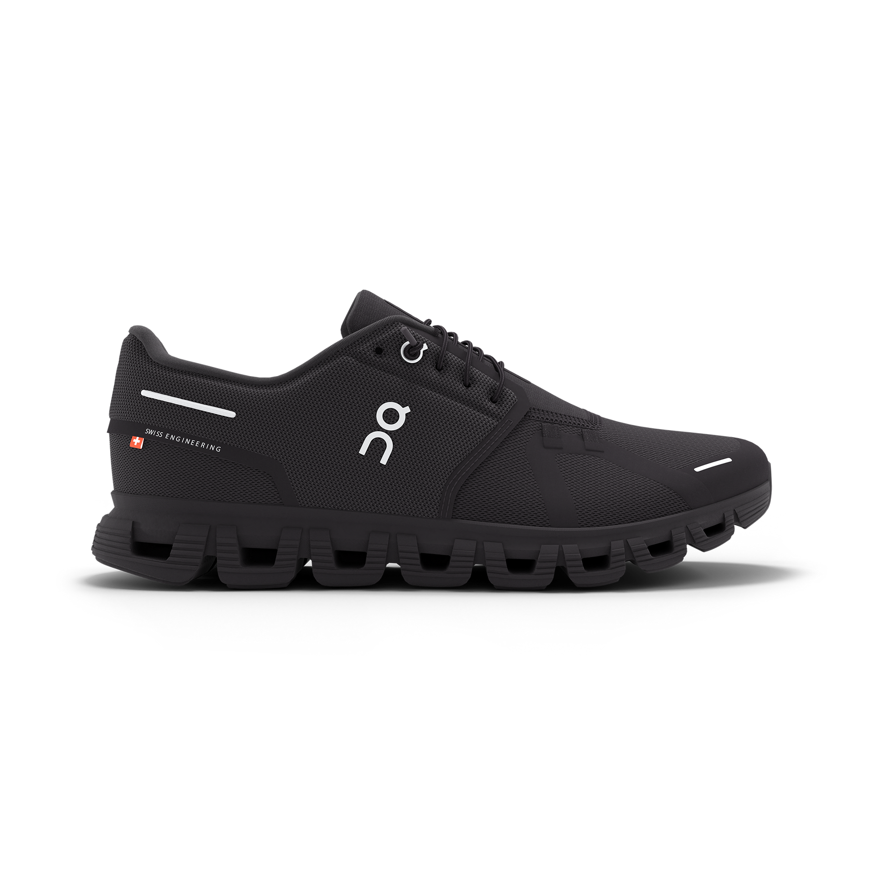 Side view on white background of Womens On Cloud 6 running shoe in Black/Black, Medium (Regular) width