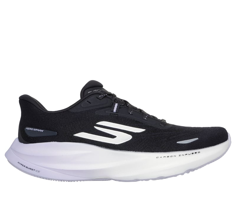 Side view on white background of Womens Skechers Aero Spark running shoe in Black/Purple, Medium (Regular) width