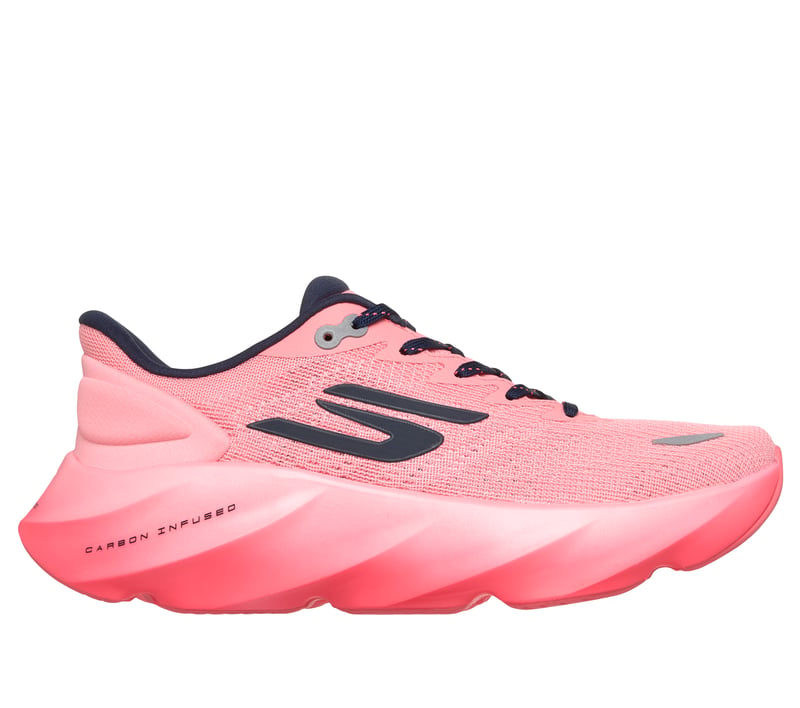 Side view on white background of Womens Skechers Aero Burst running shoe in Pink, Medium (Regular) width