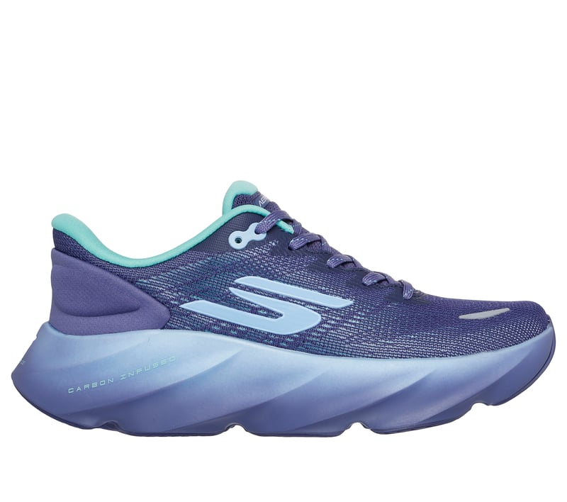 Side view on white background of Womens Skechers Aero Burst running shoe in Periwinkle/Aqua, Medium (Regular) width