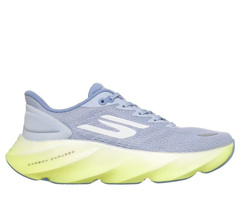 Side view on white background of Womens Skechers Aero Burst running shoe in Periwinkle/Multi, Medium (Regular) width