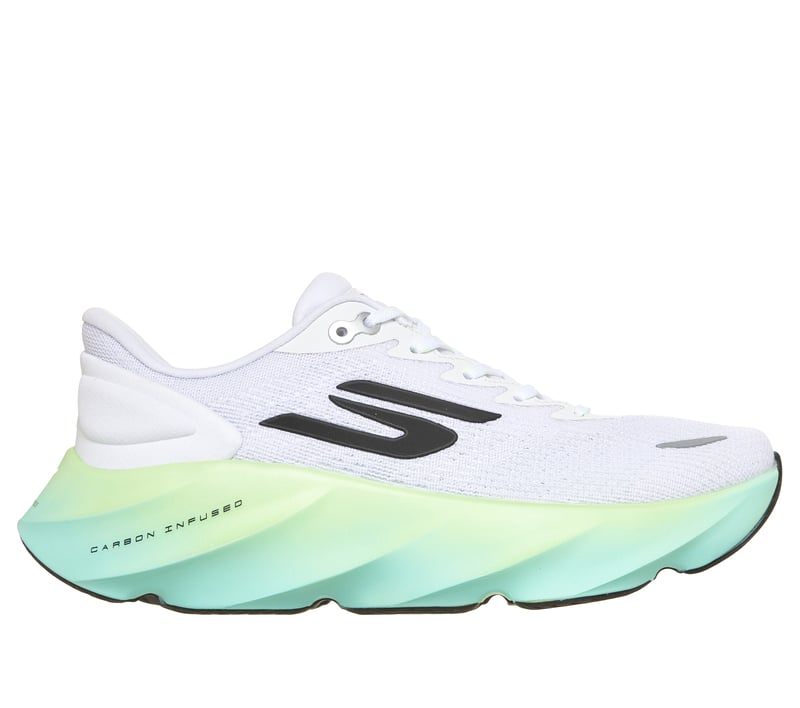 Side view on white background of Womens Skechers Aero Burst running shoe in White/Lime, Medium (Regular) width