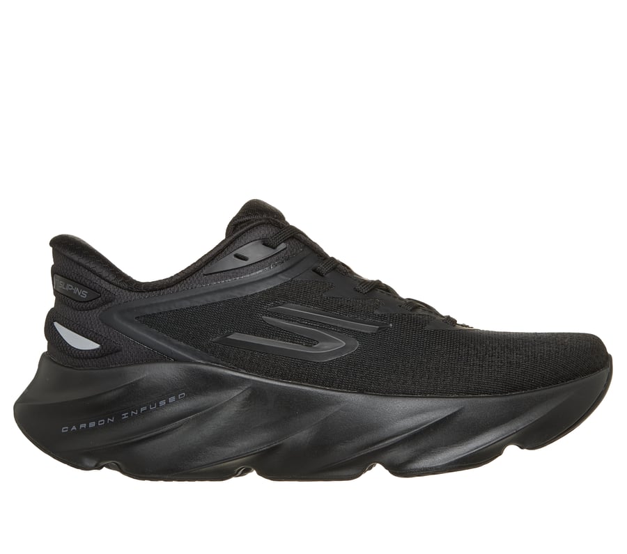 Side view on white background of Mens Skechers Slip Ins: Aero Burst running shoe in Black/Black, Medium (Regular) width