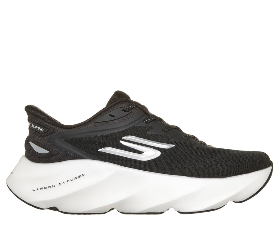 Side view on white background of Mens Skechers Slip-Ins: Aero Burst running shoe in Black/White, Medium (Regular) width