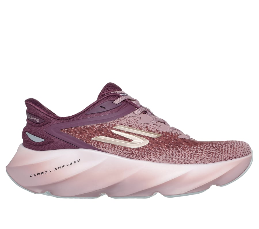 Side view on white background of Womens Skechers Slip-Ins: Aero Burst running shoe in Burgundy, Medium (Regular) width