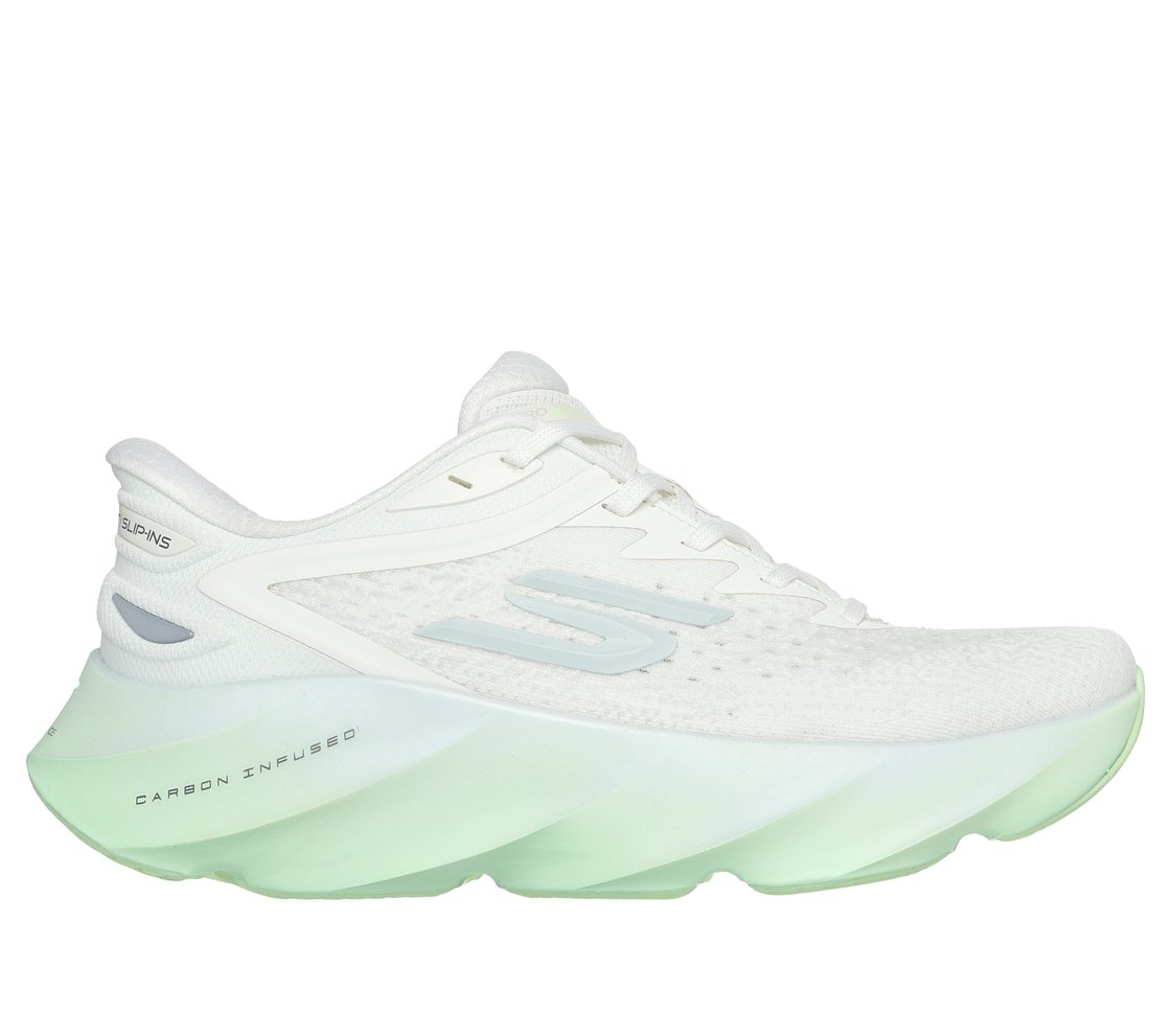 Side view on white background of Womens Skechers Slip Ins: Aero Burst running shoe in Off White/Green, Medium (Regular) width