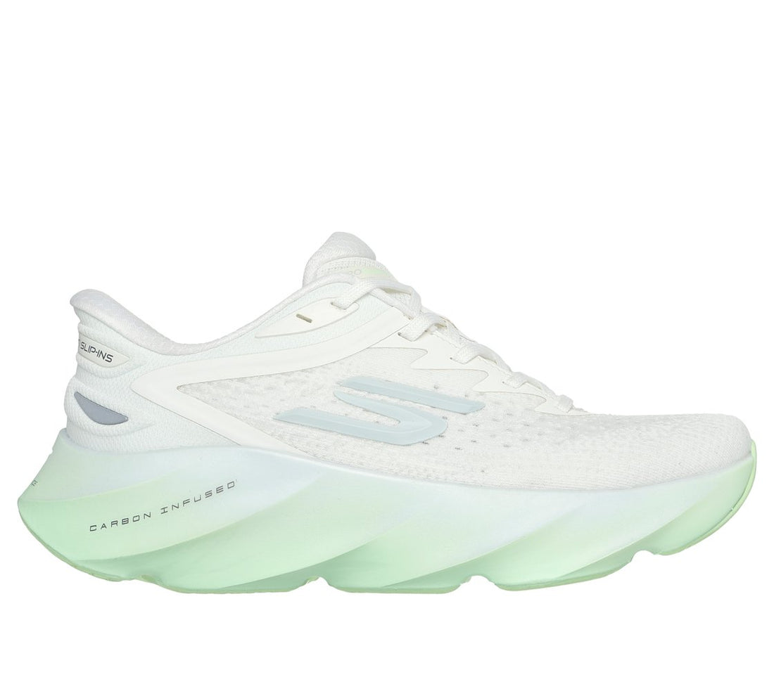 Side view on white background of Womens Skechers Aero Burst running shoe in Off White/Green, Medium (Regular) width