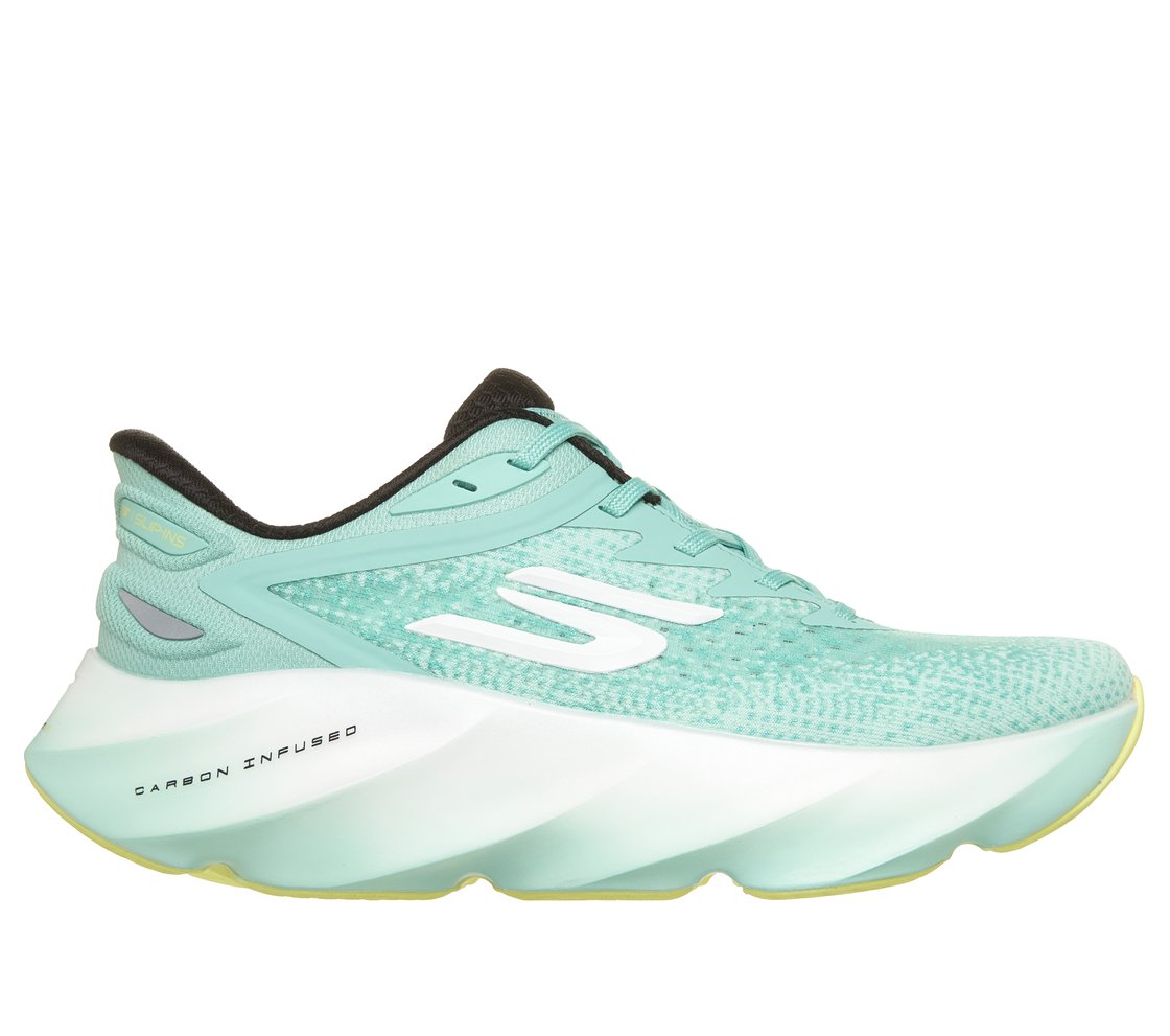 Side view on white background of Womens Skechers Slip-Ins: Aero Burst running shoe in Turquoise/Lime, Medium (Regular) width