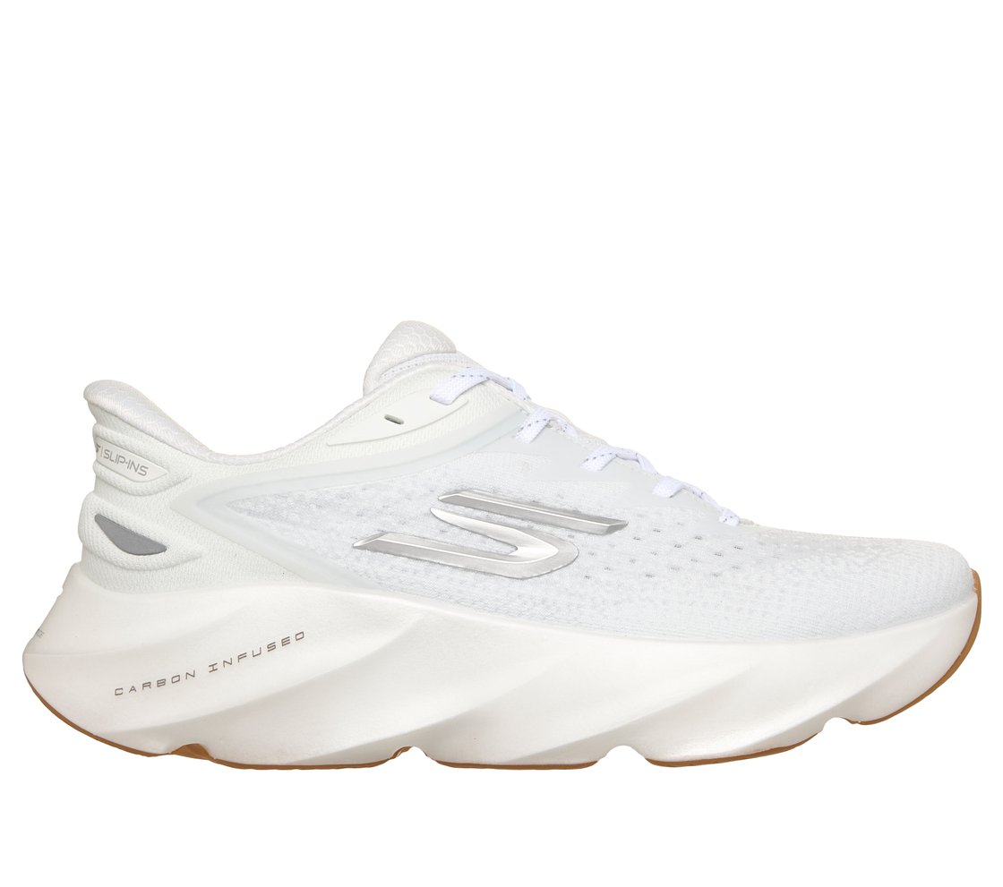 Side view on white background of Womens Skechers Slip-Ins: Aero Burst running shoe in White, Medium (Regular) width