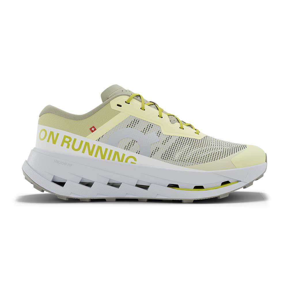 Side view on white background of Womens On Cloudultra 3 running shoe in Lychee/Lime, Medium (Regular) width