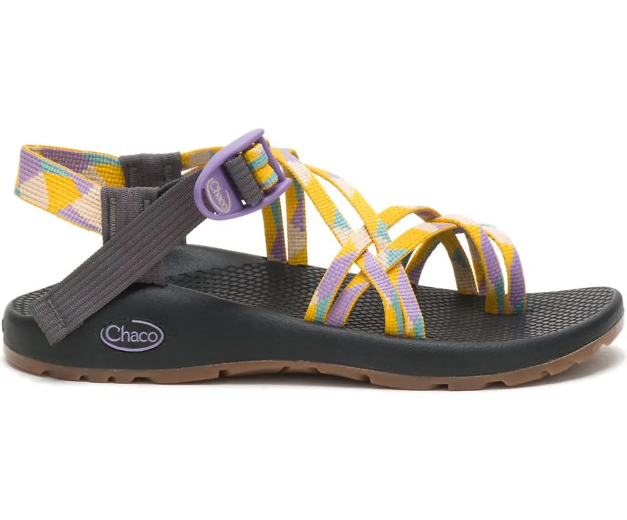 Side view on white background of Womens Chaco ZX2 Classic Sandal running shoe in Revamp Gold, Medium (Regular) width
