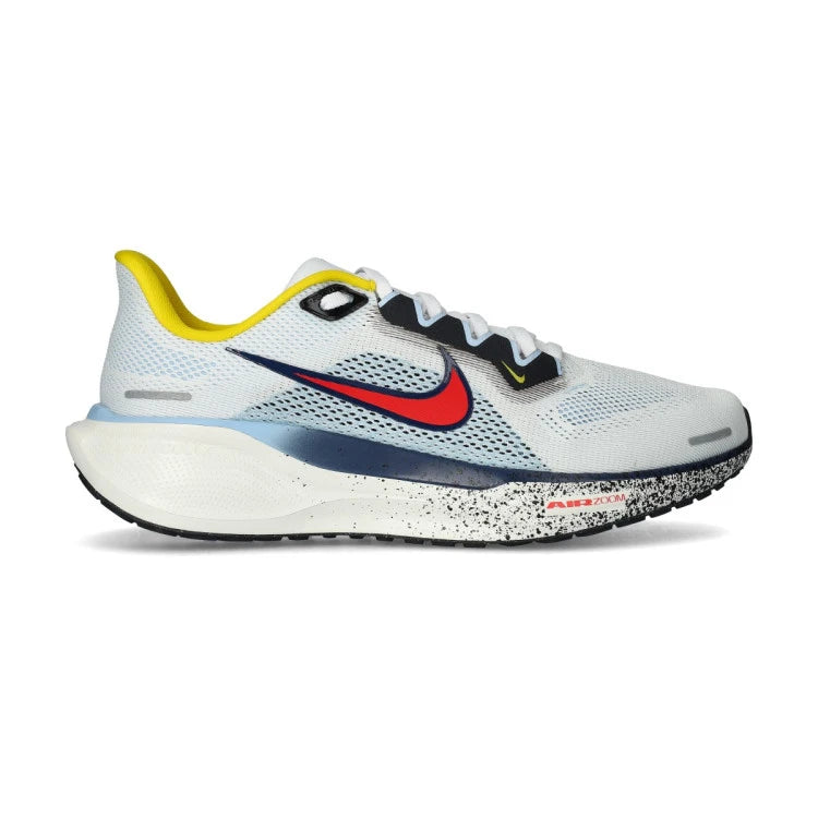 Side view on white background of Mens Nike Pegasus 41 running shoe in White/Speed Red-Psychic Blue, Medium (Regular) width
