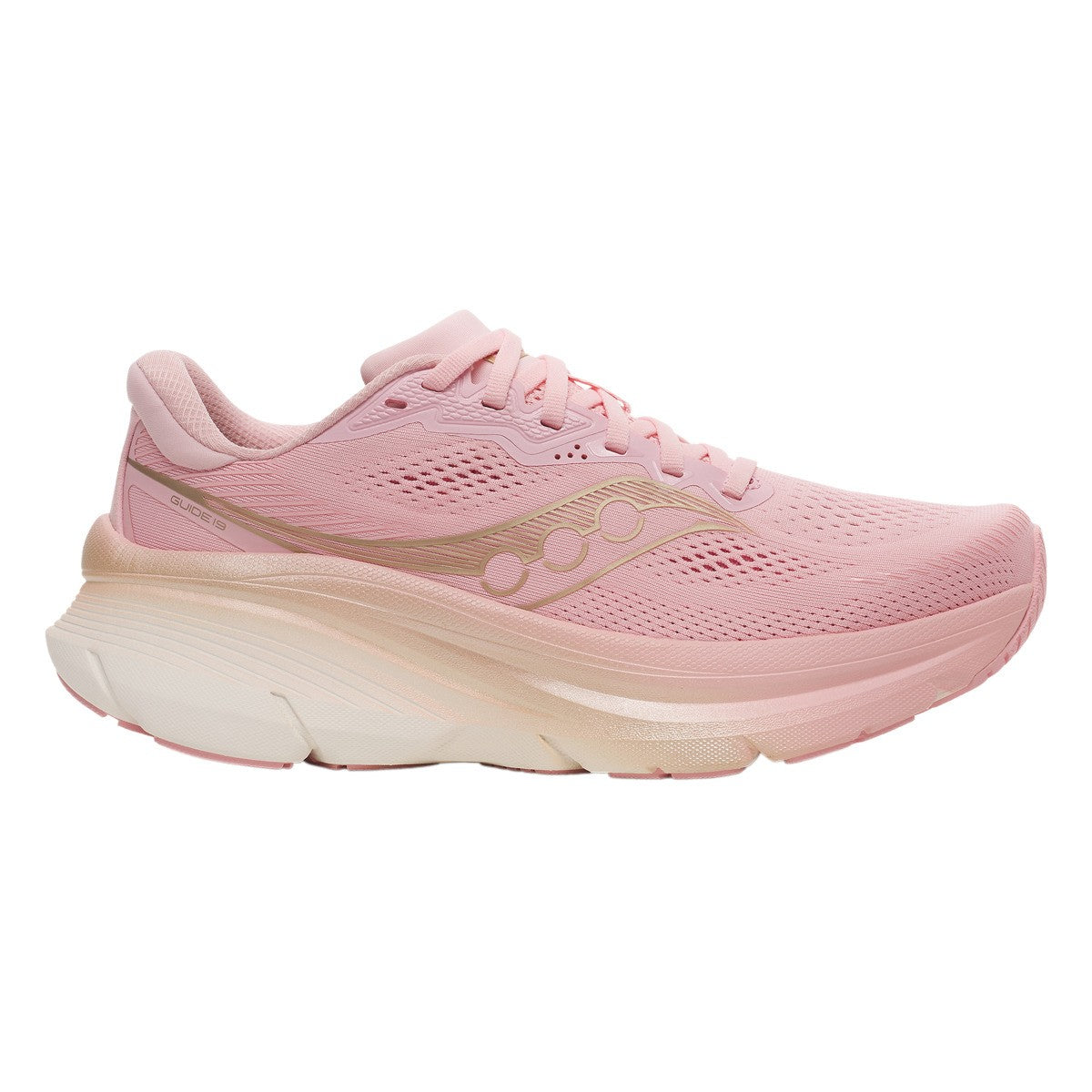 Side view on white background of Womens Saucony Guide 19 running shoe in Touch/Ivory, Medium (Regular) width
