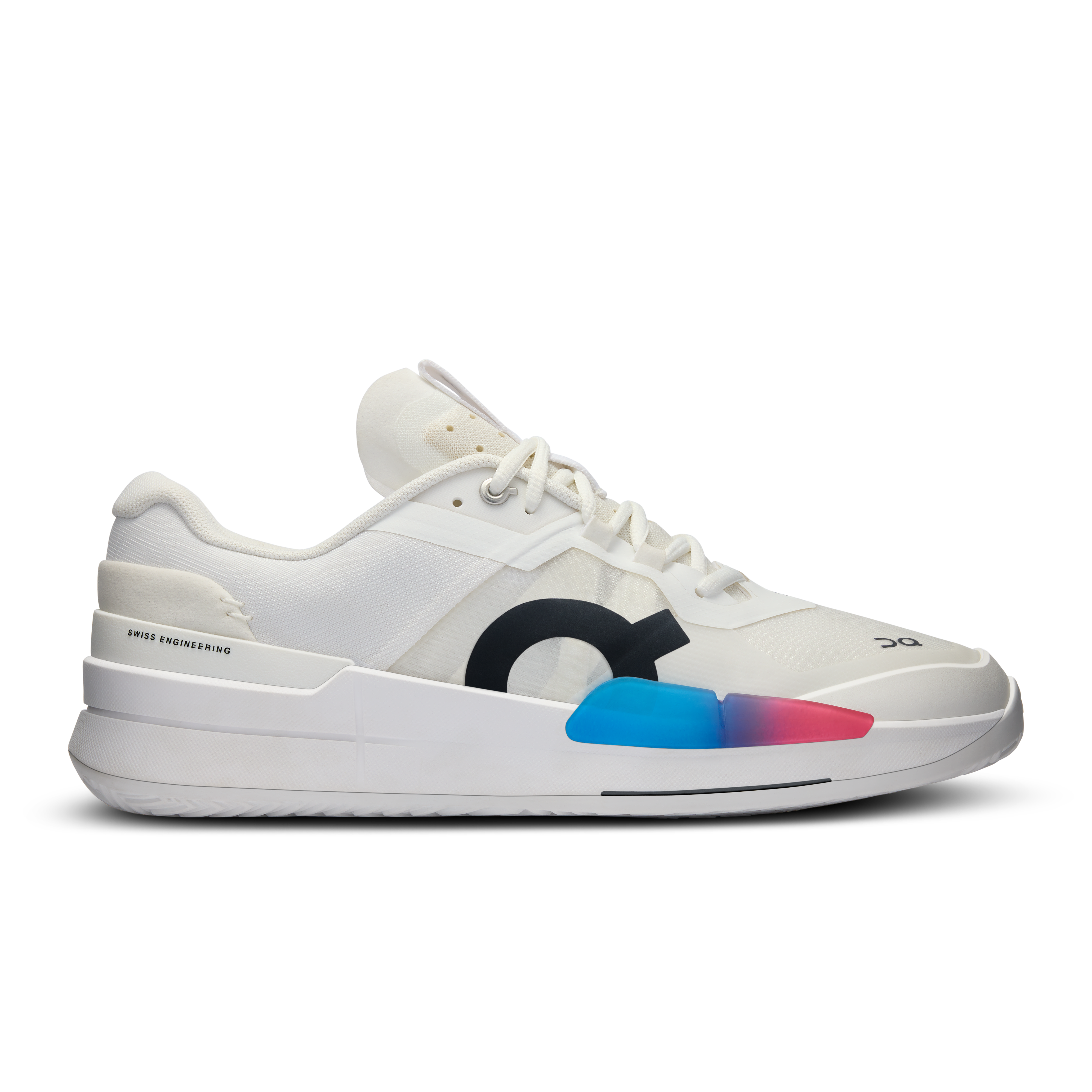 Side view on white background of Mens On The Roger Pro 2 running shoe in White/Malibu, Medium (Regular) width