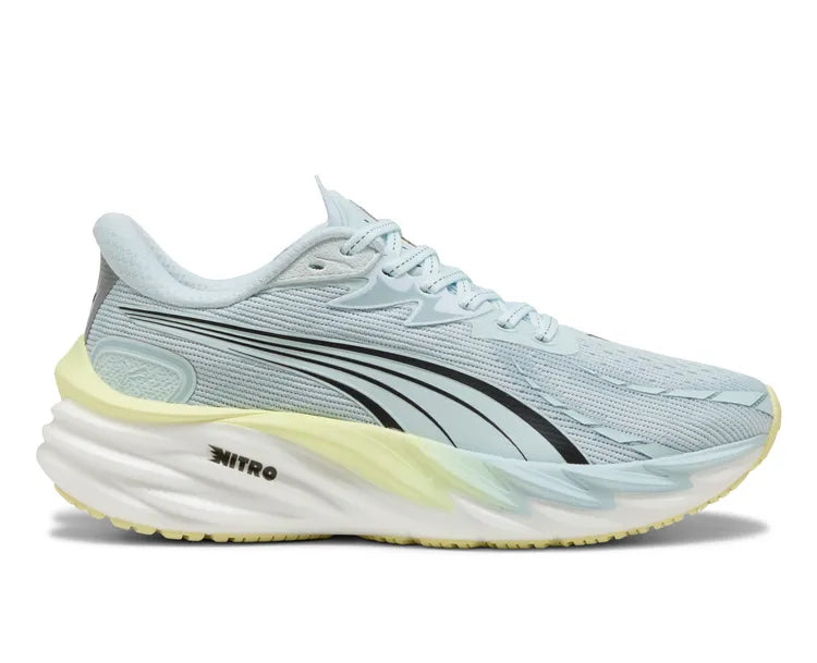 Side view on white background of Womens Puma Velocity Nitro 4 running shoe in Sea Glass/Gold Moon, Medium (Regular) width