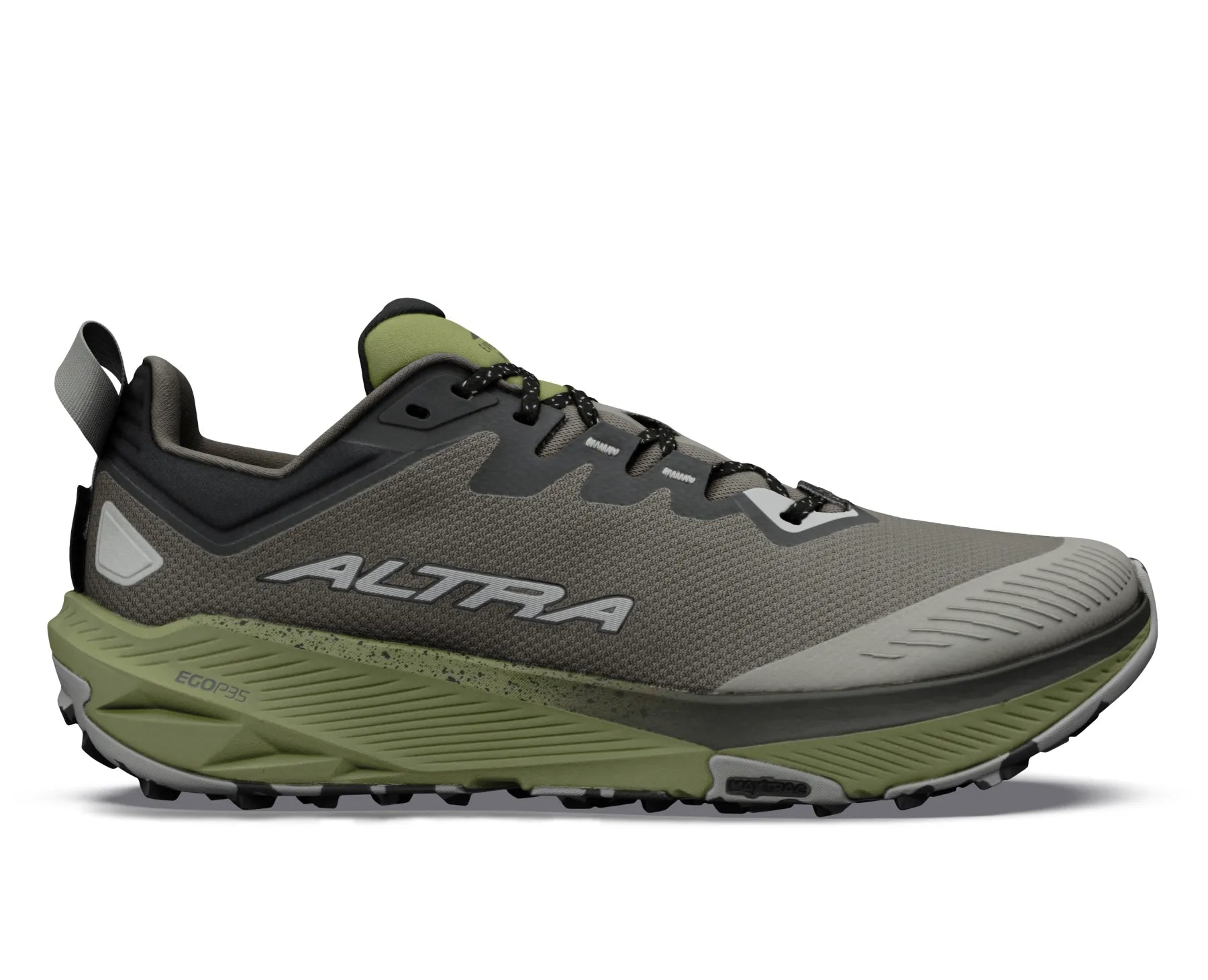Side view on white background of Mens Altra Experience Wild 3 running shoe in Dark Gull Gray/Night Owl/Iguana, Medium (Regular) width