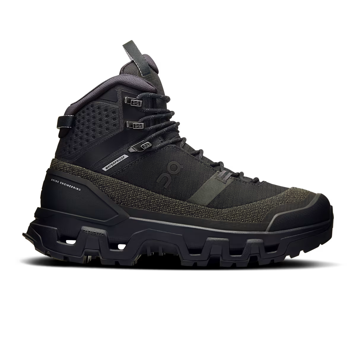 Side view on white background of Mens On Cloudrock Trek Waterproof running shoe in Black/Black, Medium (Regular) width
