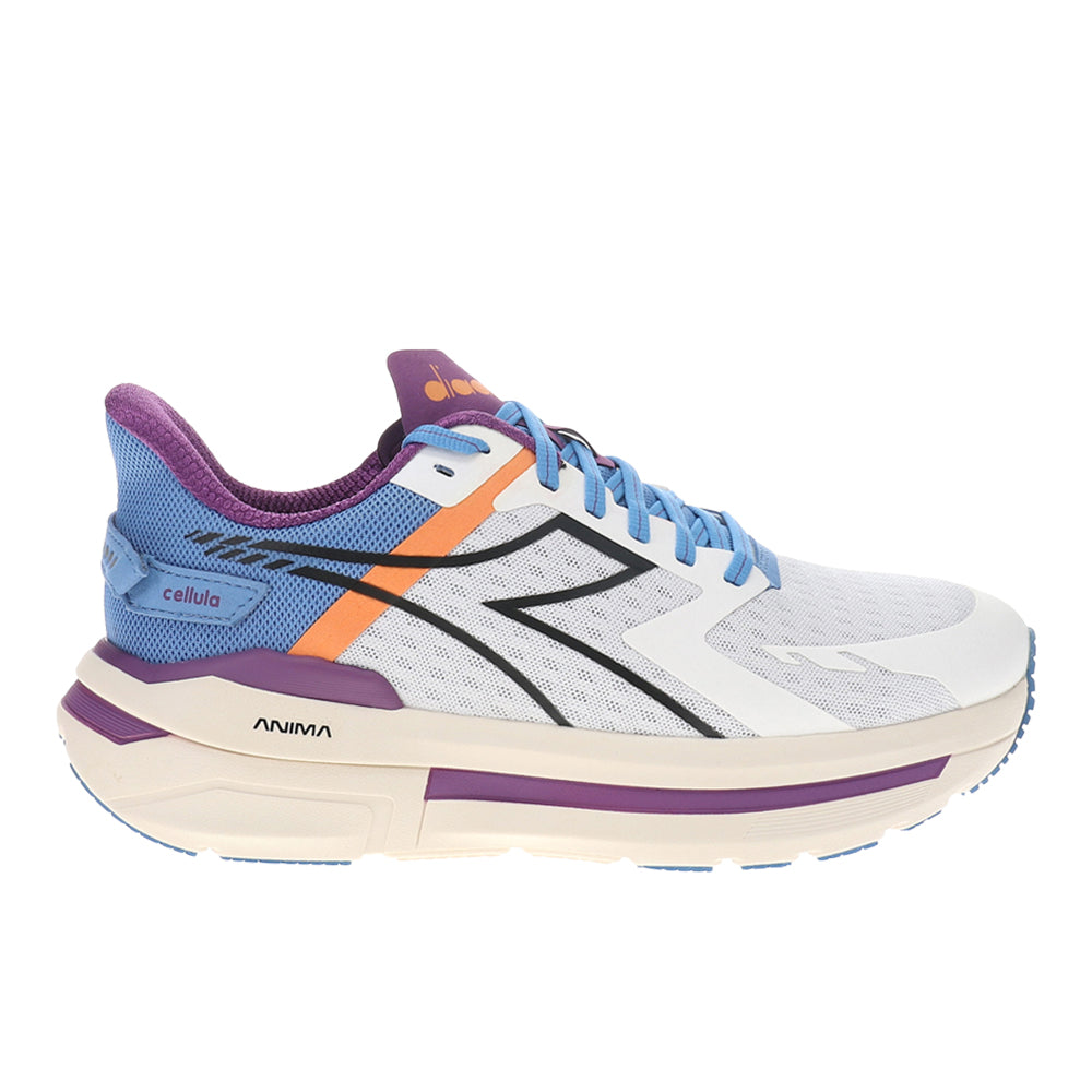 Side view on white background of Mens Diadora Cellula running shoe in White/Pacific Coast/Sunset, Medium (Regular) width