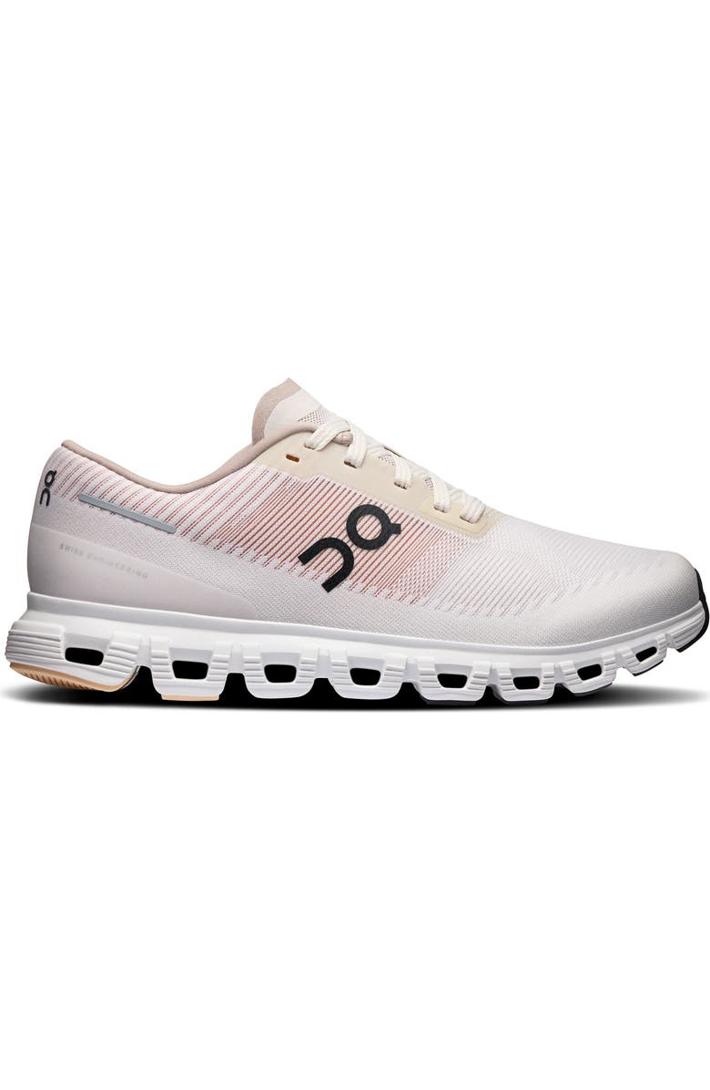 Side view on white background of Womens On Cloud 6 Push running shoe in Pearl/Sandstone, Medium (Regular) width