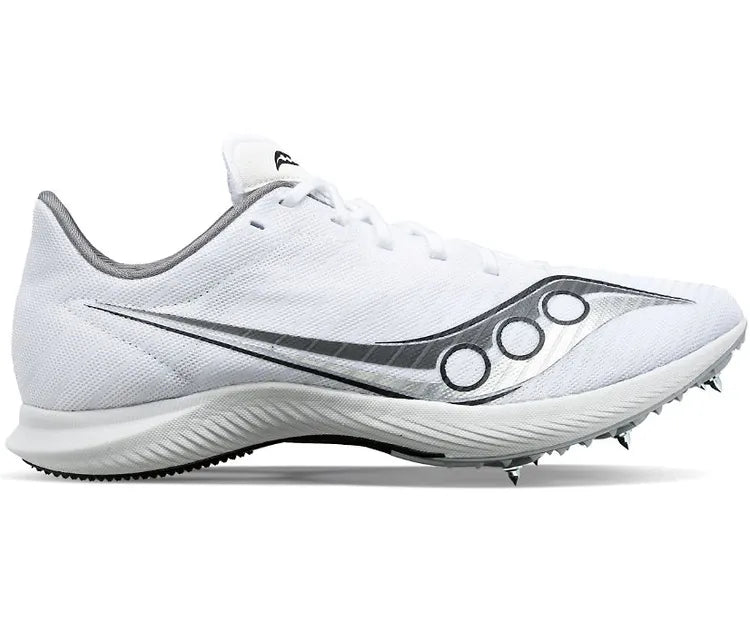Side view on white background of Womens Saucony Velocity MP running shoe in White/Silver, Medium (Regular) width
