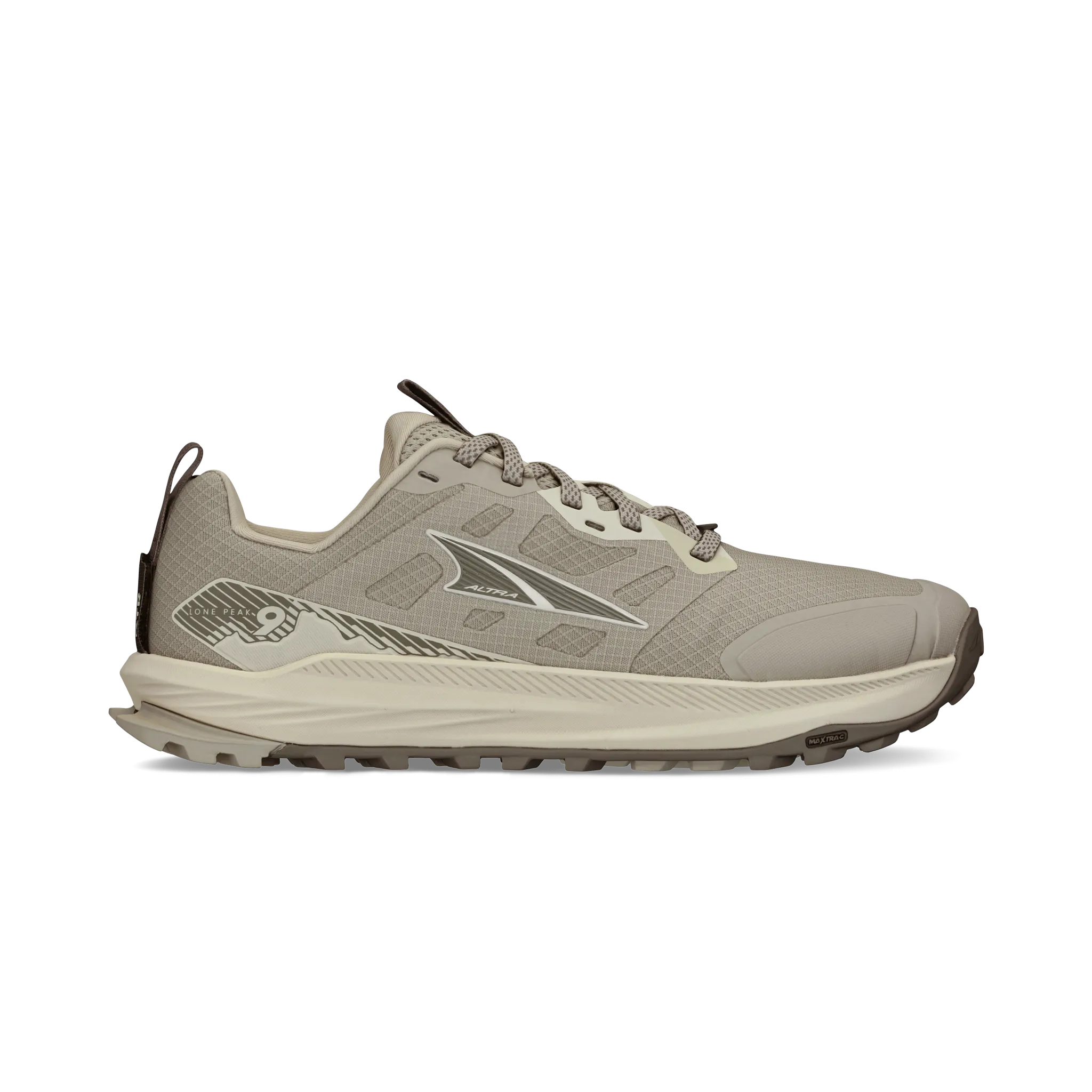 Side view on white background of Womens Altra Lone Peak 9 running shoe in Taupe, Medium (Regular) width