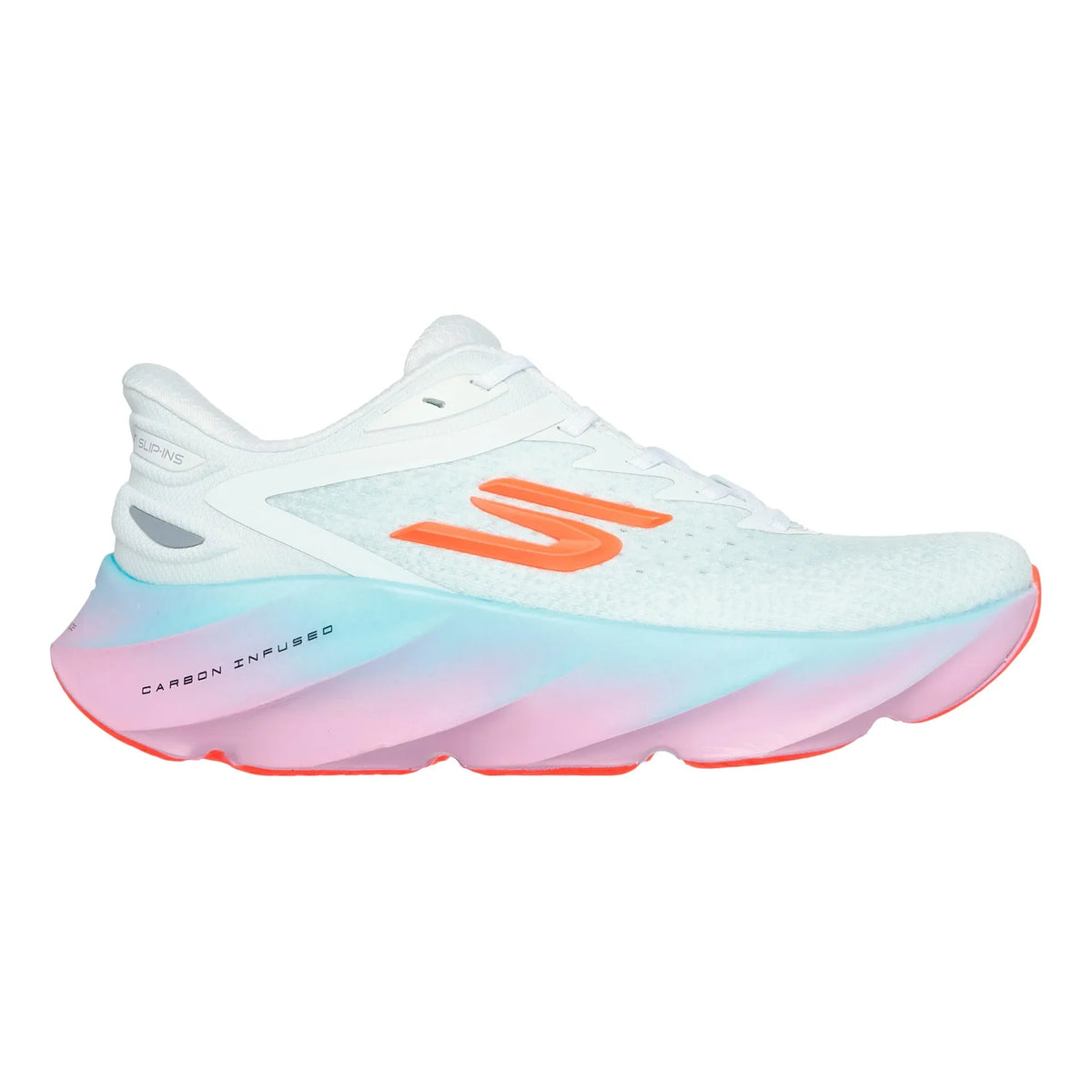 Side view on white background of Womens Skechers Aero Burst running shoe in White/Multi, Medium (Regular) width