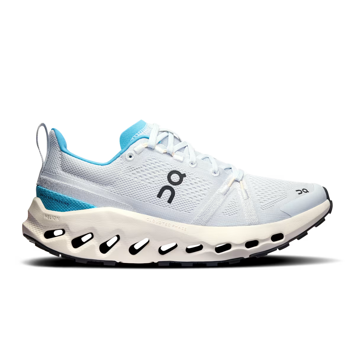 Side view on white background of Womens On Cloudsurfer Trail running shoe in Arctic/Ivory, Medium (Regular) width