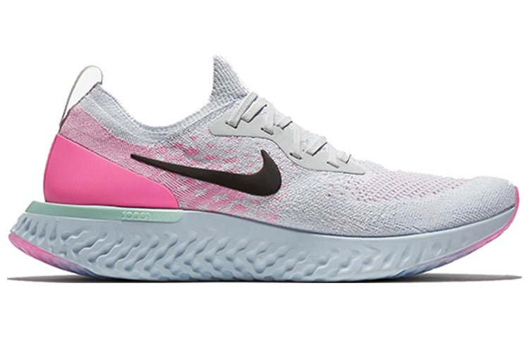 Side view on white background of Mens Nike Epic React Flyknit running shoe in Pure Platinum/Black, Medium (Regular) width